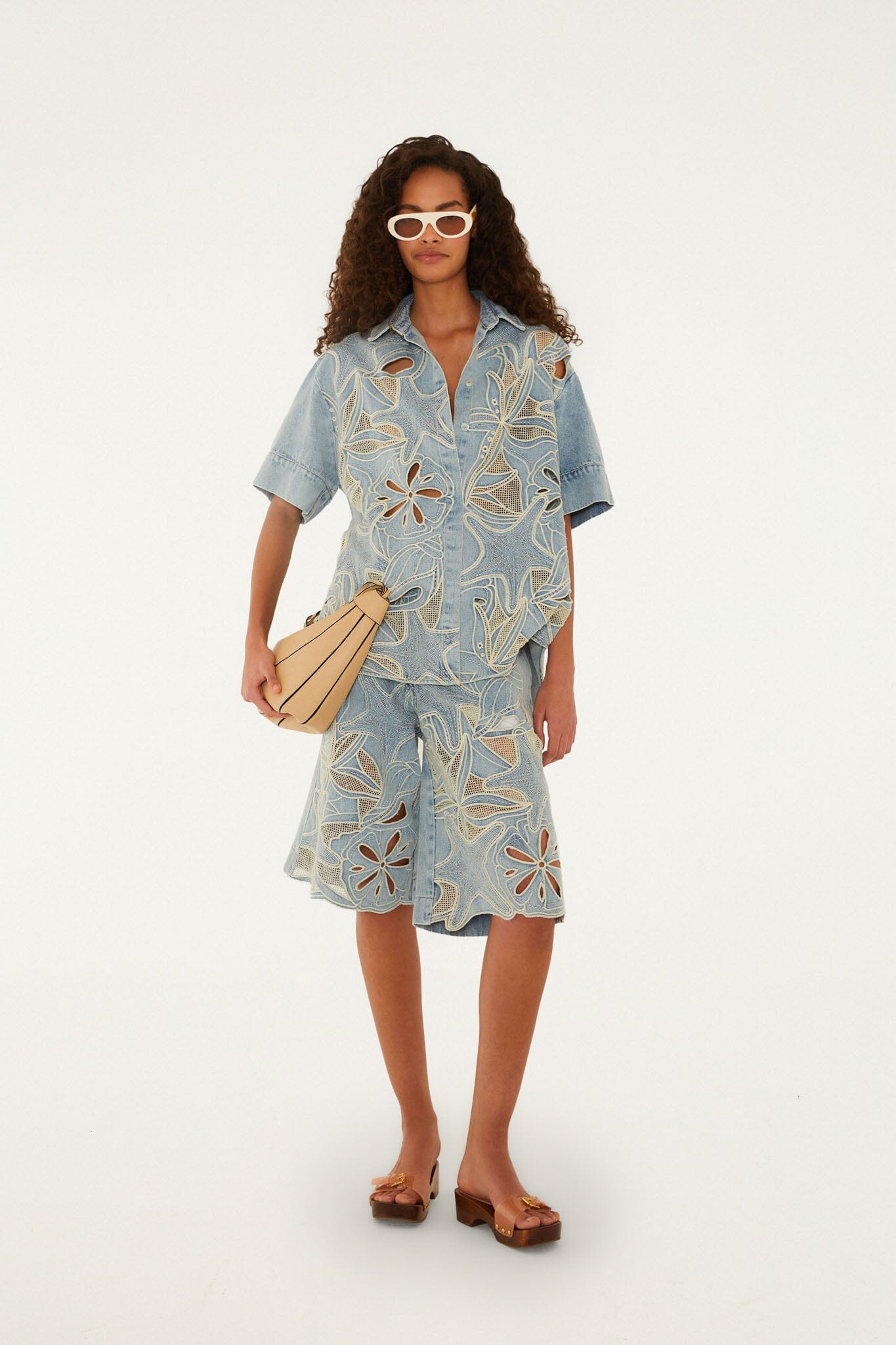 Denim Sea Desire Embroidered Bermuda Shorts - FARM Rio DENIM