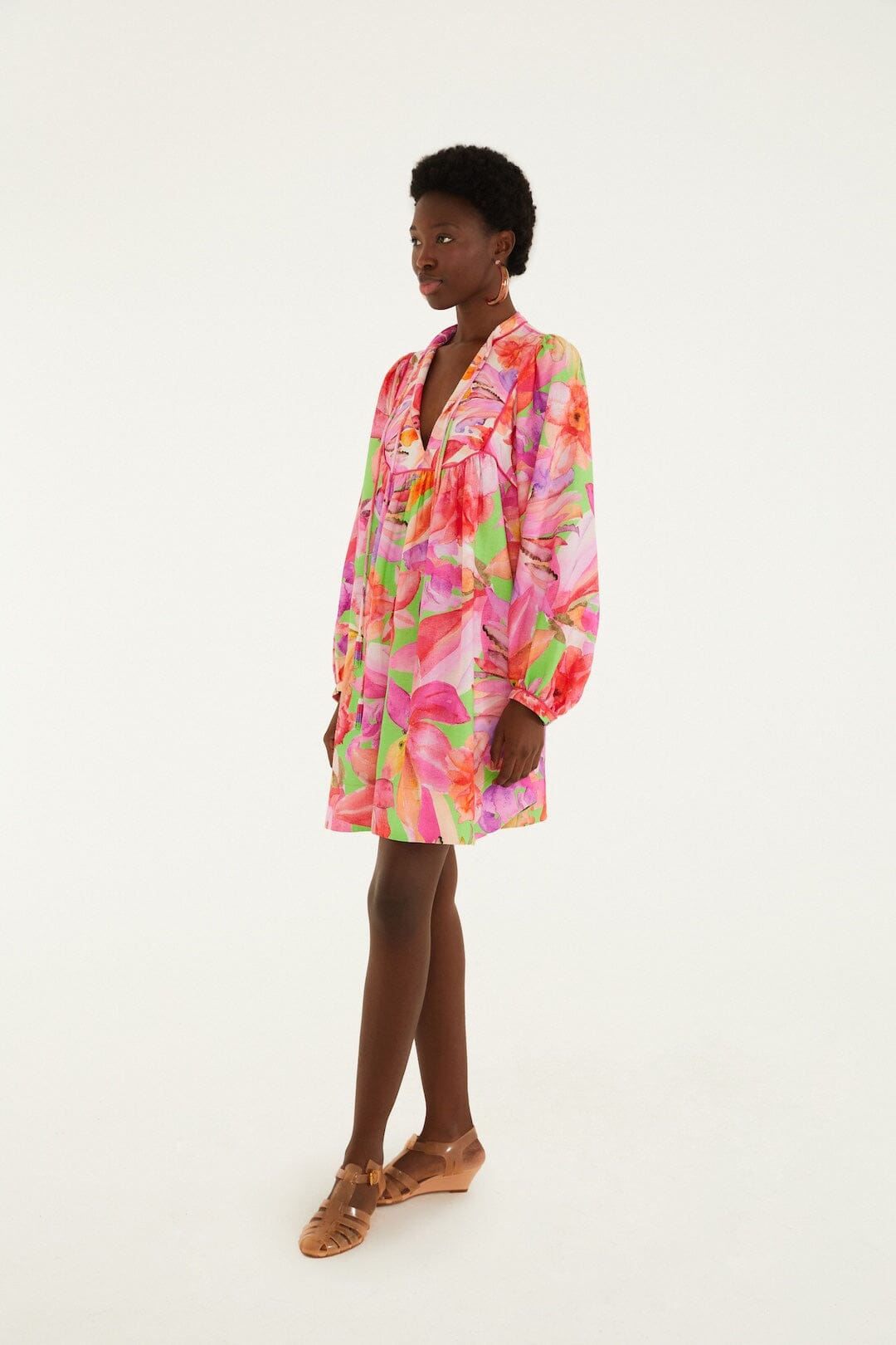Multicolor Artsy Flora Lenzing Ecovero Euroflax Mini Dress - FARM Rio ARTSY FLORA GREEN