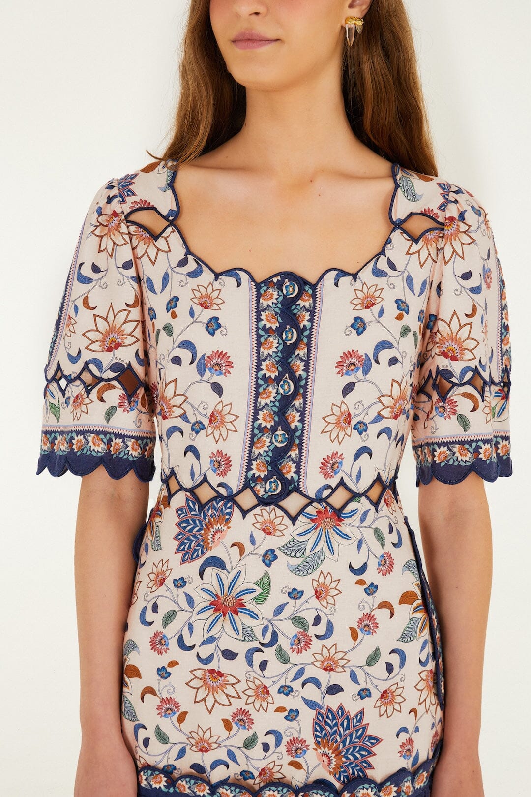 Pink Floral Delhi Tapestry Scallop Cut-Out Mini Dress - FARM Rio FLORAL DELHI TAPESTRY LIGHT PINK
