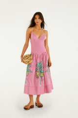 Pink Palm Tree Stripes Cutwork Organic Cotton Midi Dress - FARM Rio MULTI