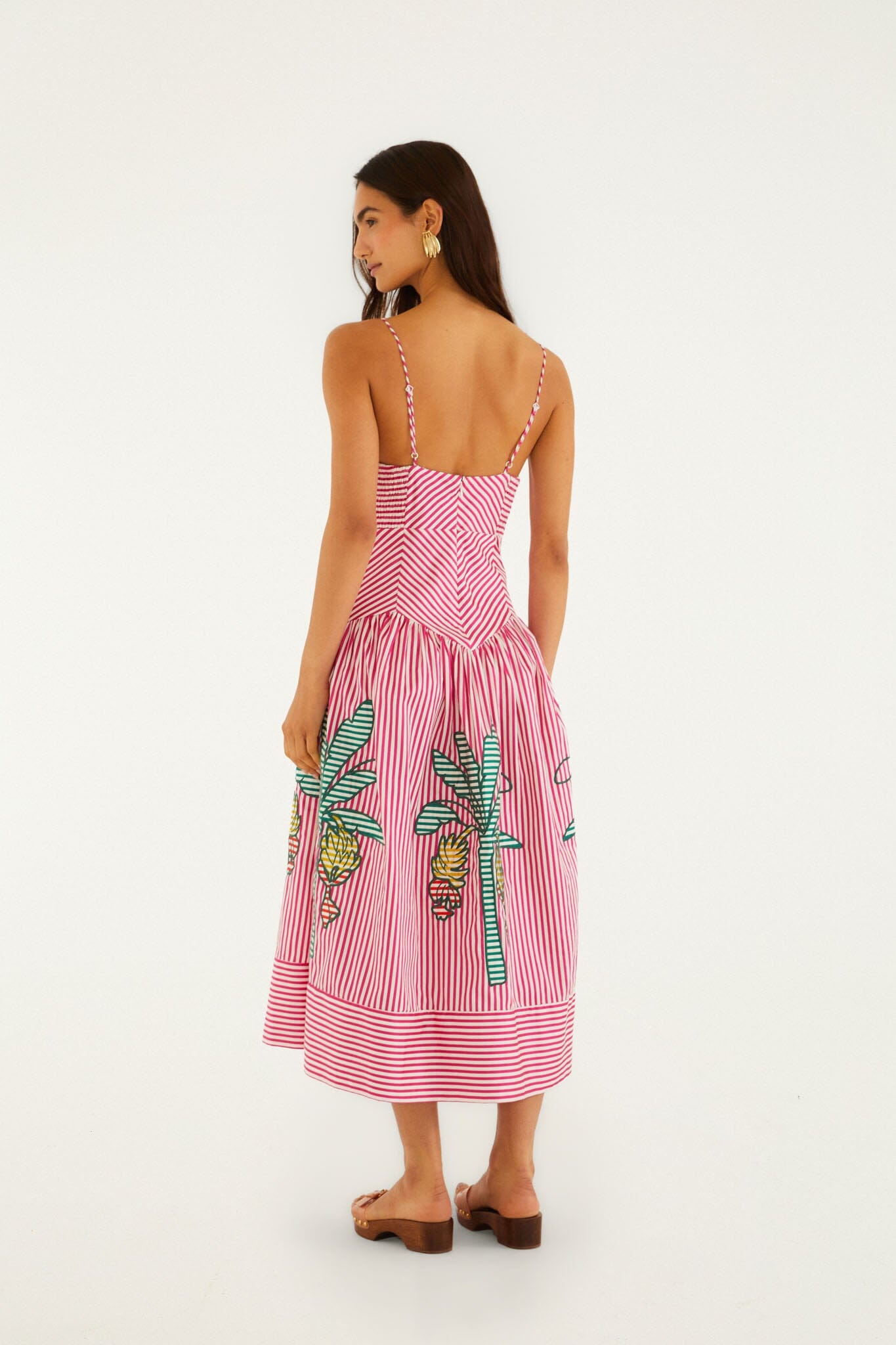 Pink Palm Tree Stripes Cutwork Organic Cotton Midi Dress - FARM Rio MULTI