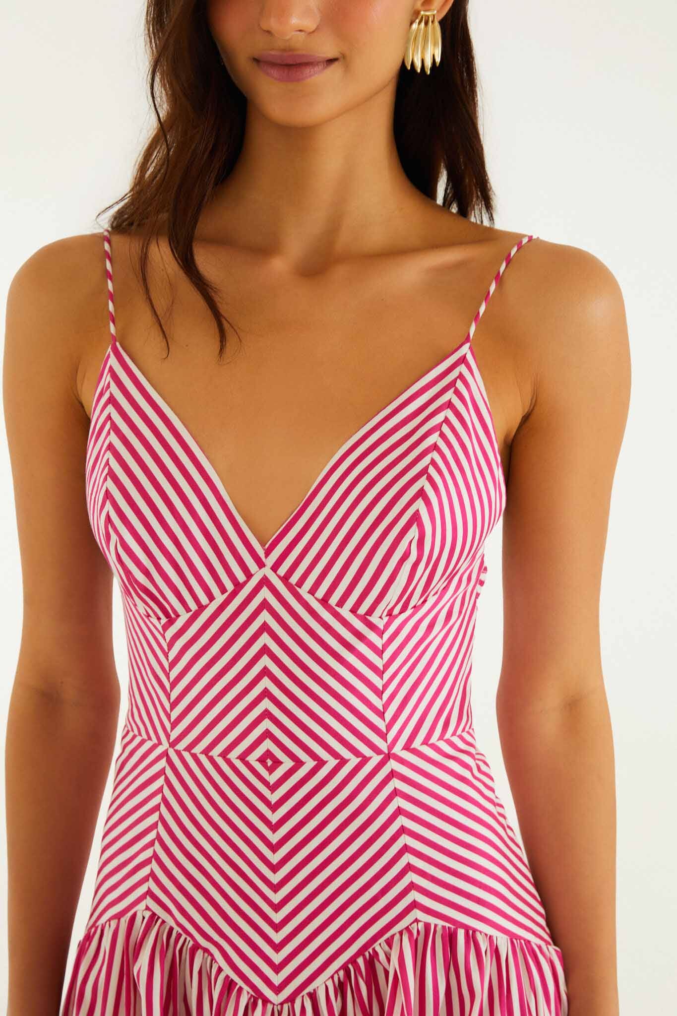 Pink Palm Tree Stripes Cutwork Organic Cotton Midi Dress - FARM Rio MULTI