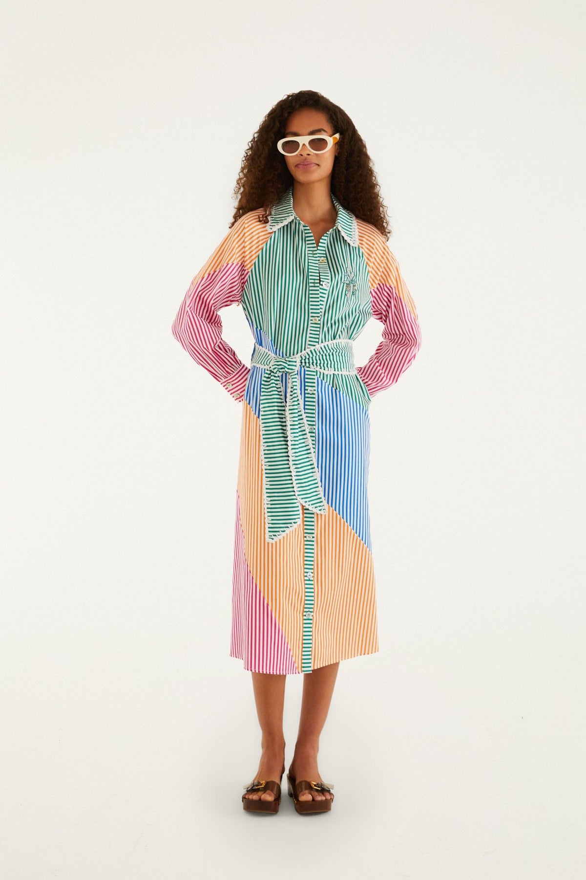 Multicolor Stripes Embroidered Belted Organic Cotton Midi Dress - FARM Rio MULTI