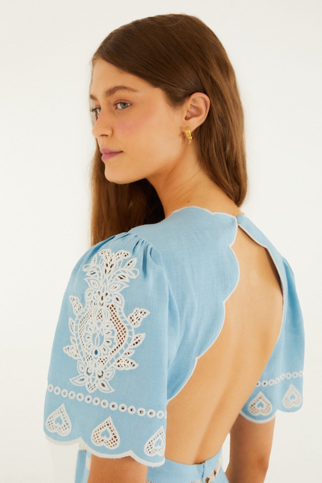 Light Blue Embroidered Euroflax Premium Linene Midi Dress - FARM Rio BLUE