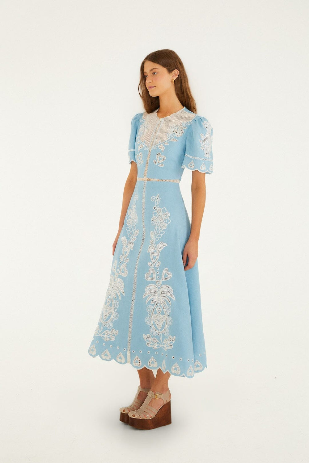 Light Blue Embroidered Euroflax Premium Linene Midi Dress - FARM Rio BLUE