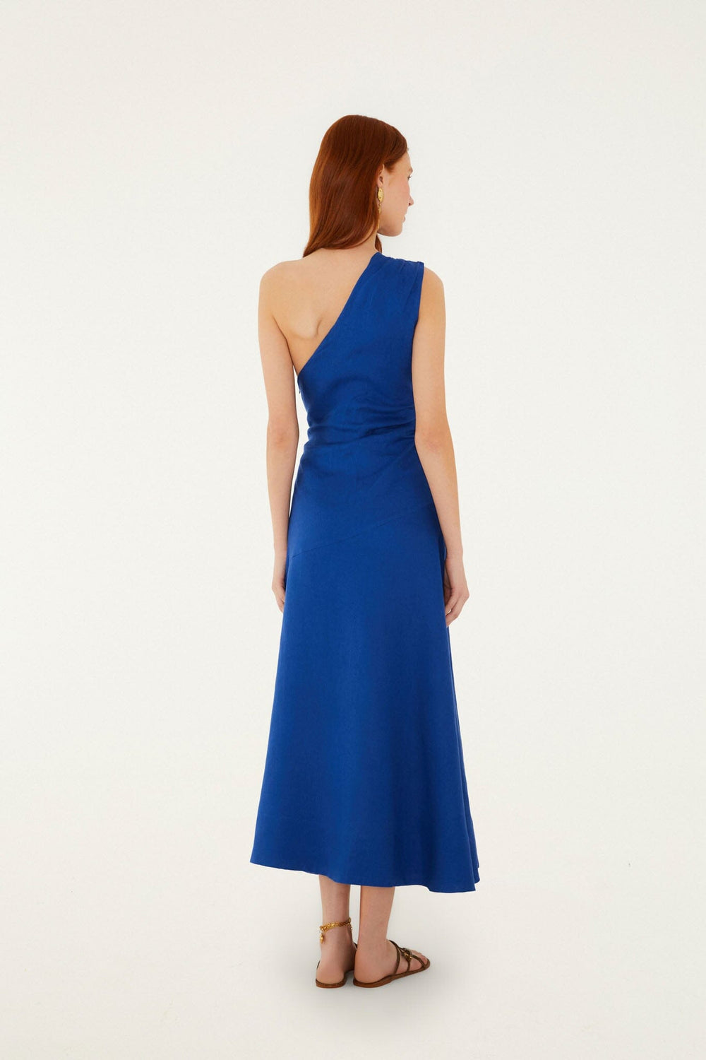 Blue Seahorse Embroidery One-Shoulder Euroflax Premium Linen Maxi Dress - FARM Rio BLUE