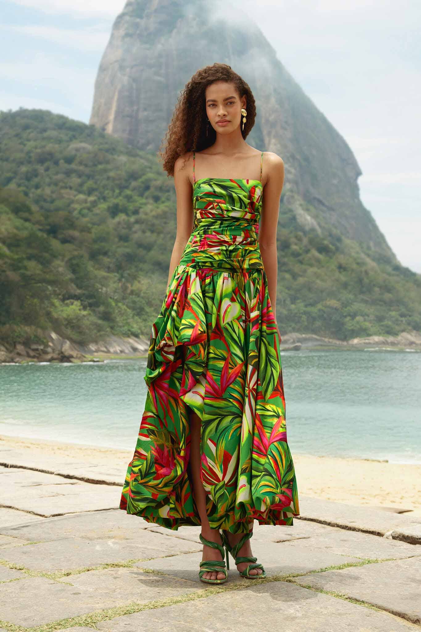 Green Tropical Dream Draped Organic Cotton Maxi Dress - FARM Rio ORANGE