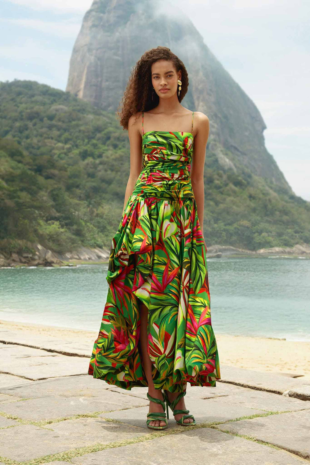 Green Tropical Dream Draped Organic Cotton Maxi Dress - FARM Rio ORANGE