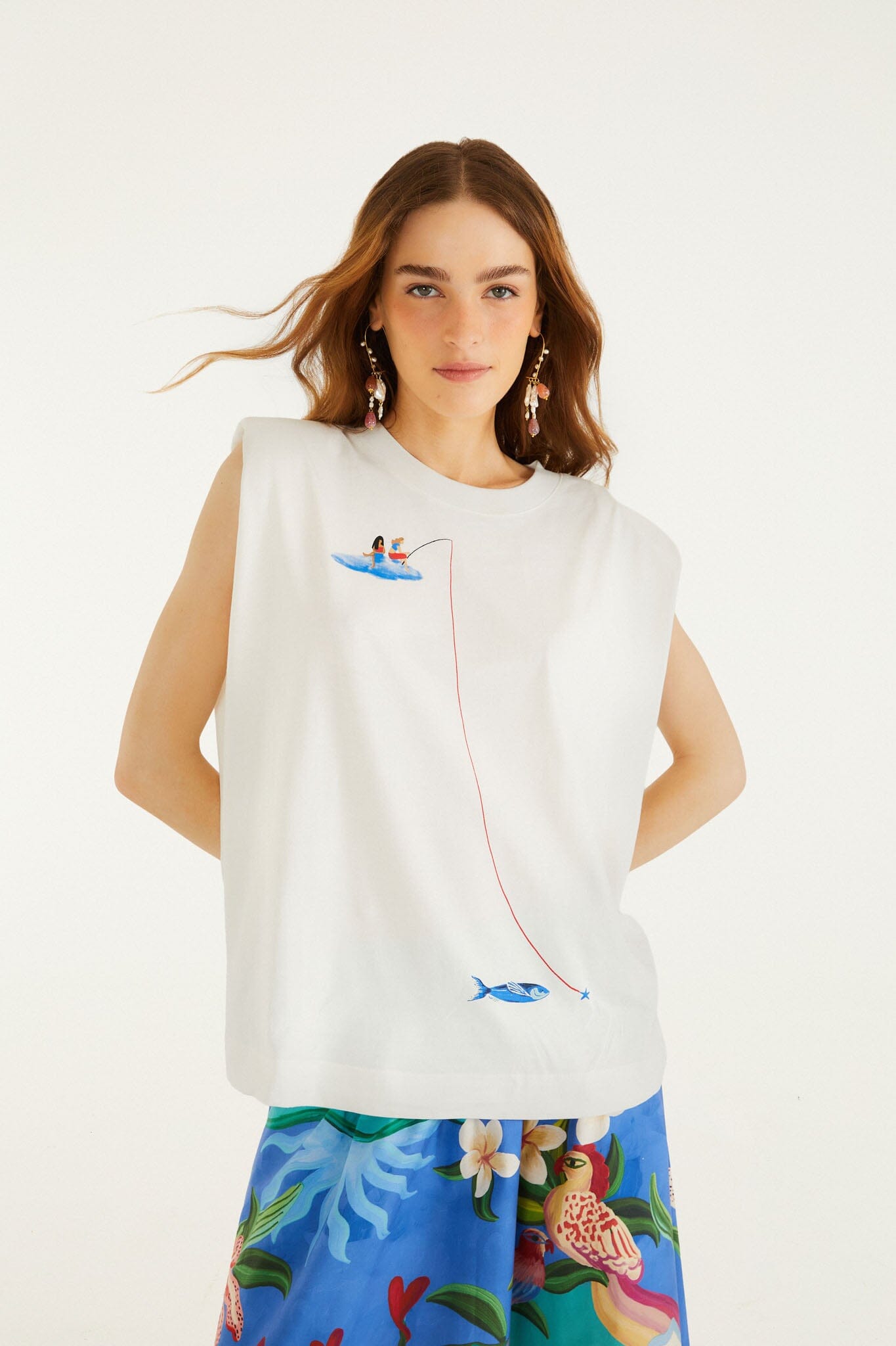 Off-White Fishing Dreams Padded Shoulder T-Shirt - FARM Rio OFF-WHITE