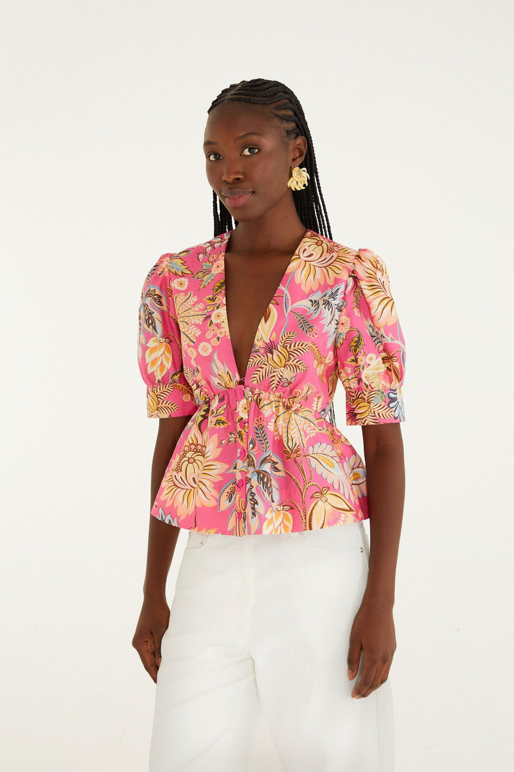Pink Ligia Floral Puff Sleeve Organic Cotton Blouse - FARM Rio LIGIA FLORAL PINK
