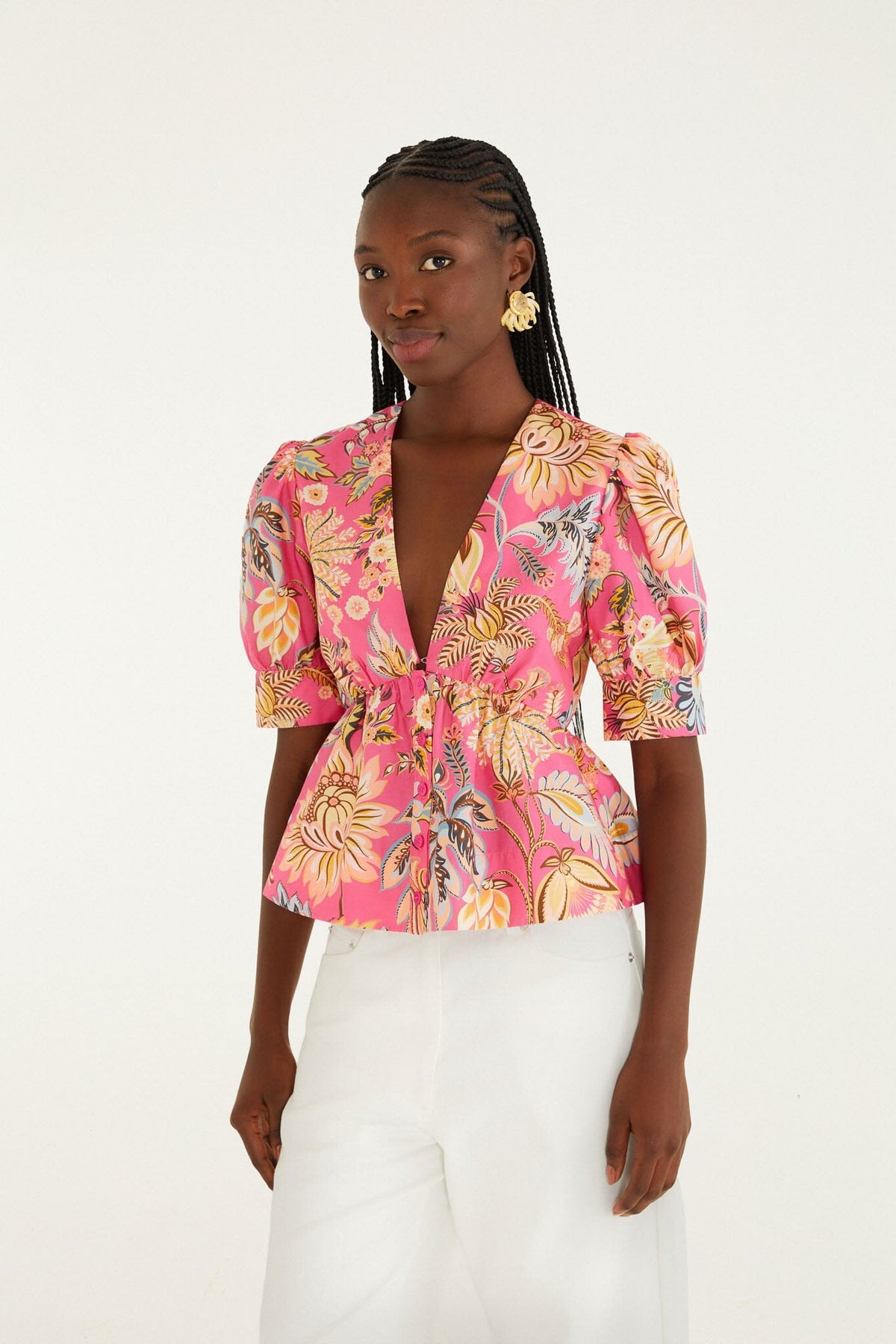 Pink Ligia Floral Puff Sleeve Organic Cotton Blouse - FARM Rio LIGIA FLORAL PINK