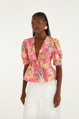Pink Ligia Floral Puff Sleeve Organic Cotton Blouse - FARM Rio LIGIA FLORAL PINK