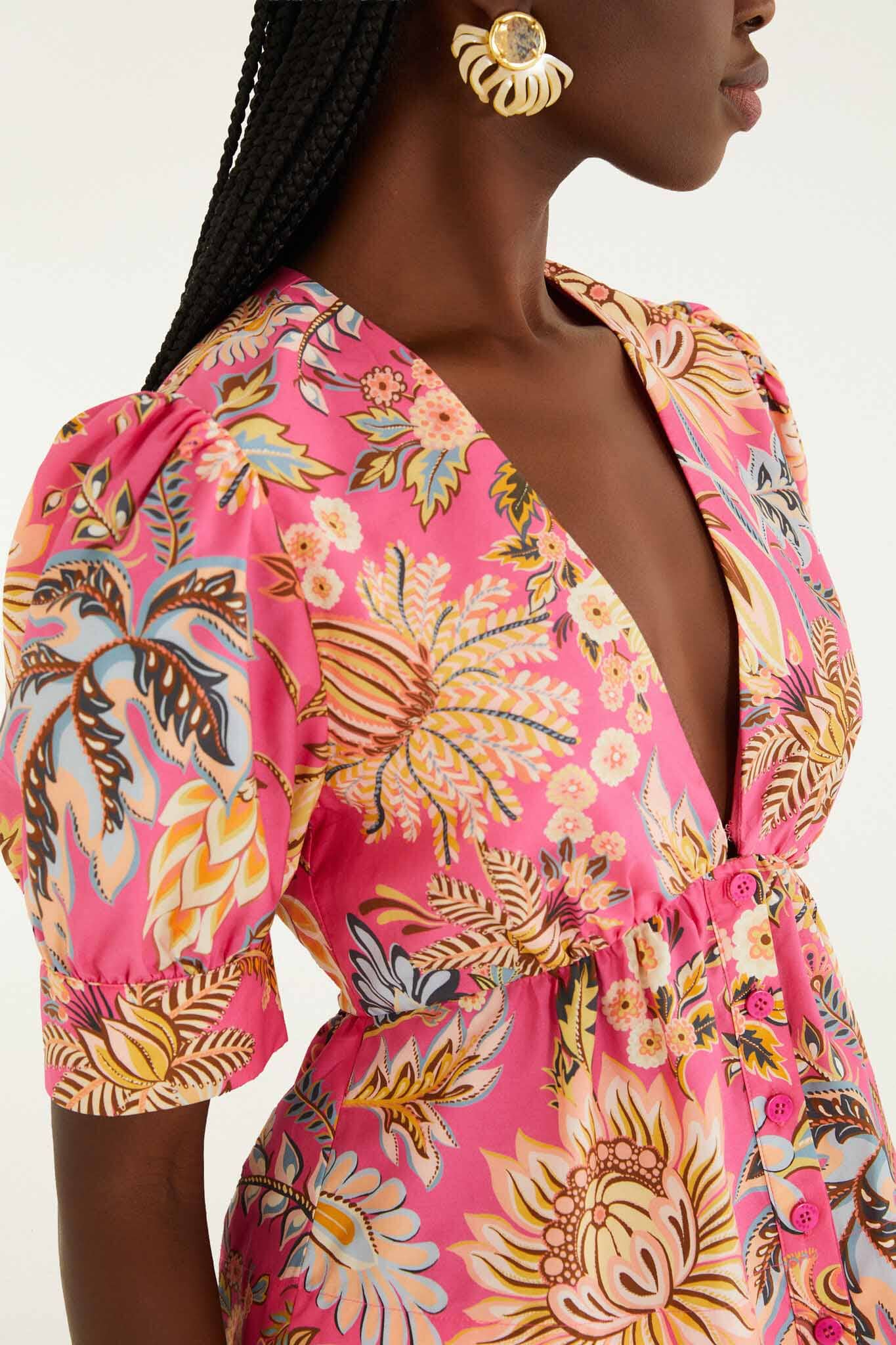 Pink Ligia Floral Puff Sleeve Organic Cotton Blouse - FARM Rio LIGIA FLORAL PINK