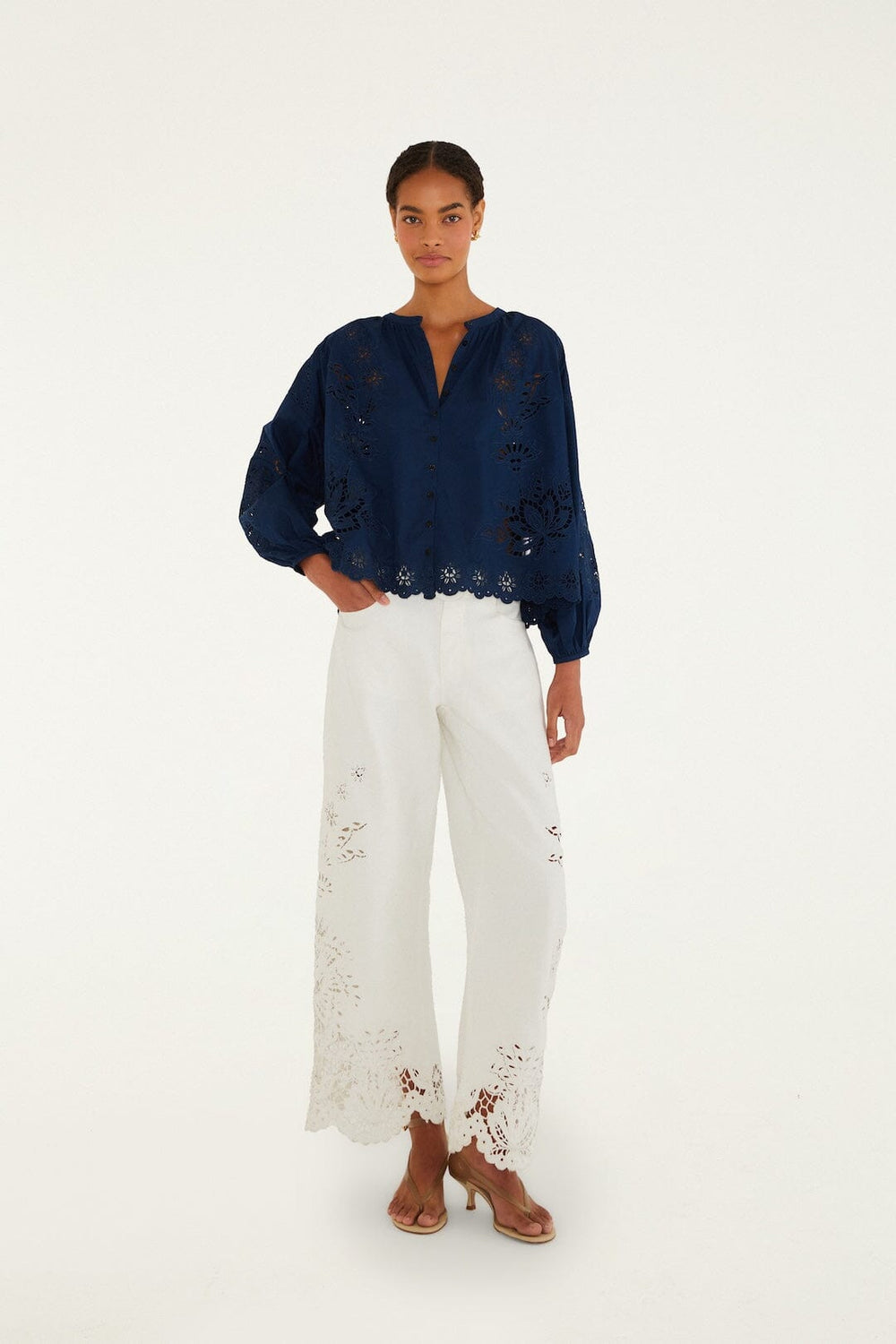 Navy Blue Artisanal Long Sleeve Blouse - FARM Rio NAVY BLUE