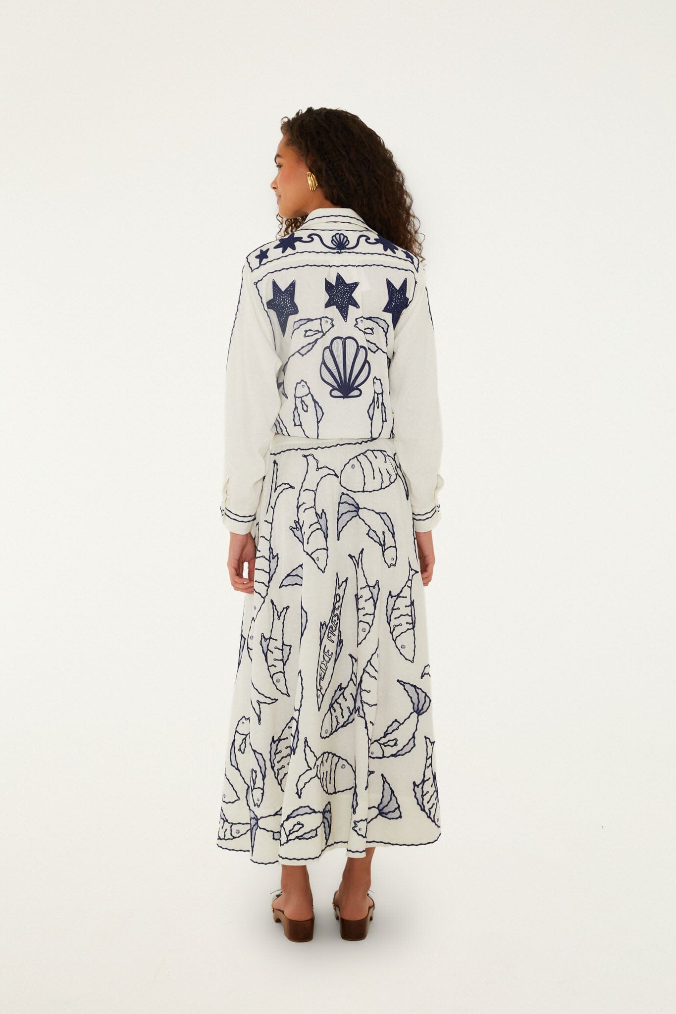 Off-White Fresh Fish Embroidered Midi Skirt - FARM Rio OFF-WHITE