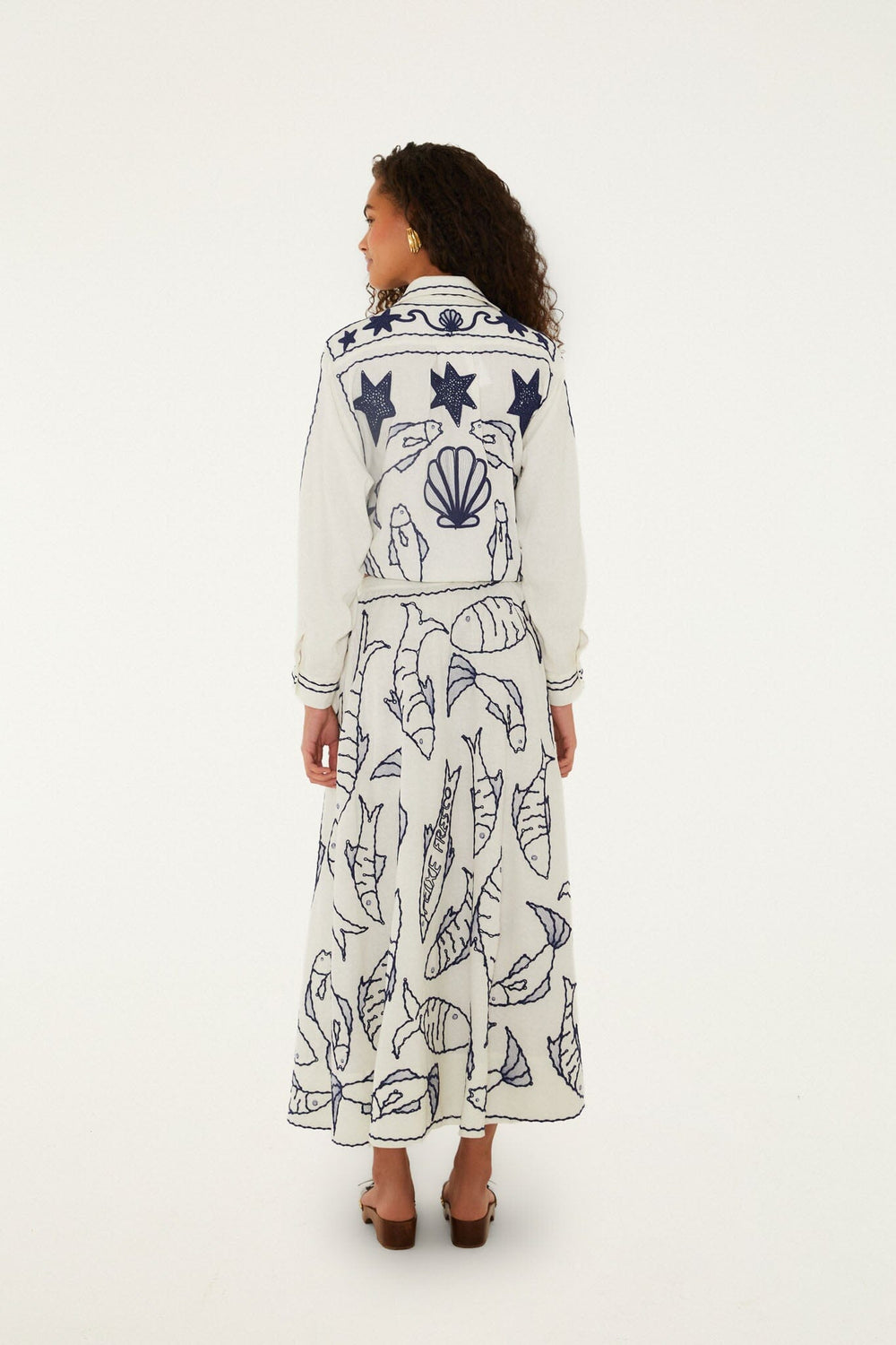 Off-White Fresh Fish Embroidered Midi Skirt - FARM Rio OFF-WHITE
