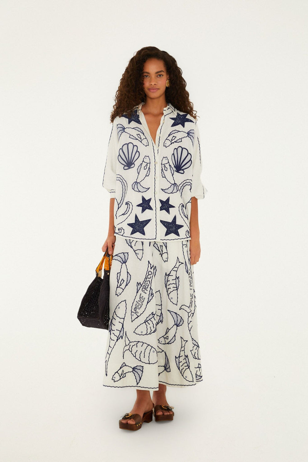 Off-White Fresh Fish Embroidered Midi Skirt - FARM Rio OFF-WHITE
