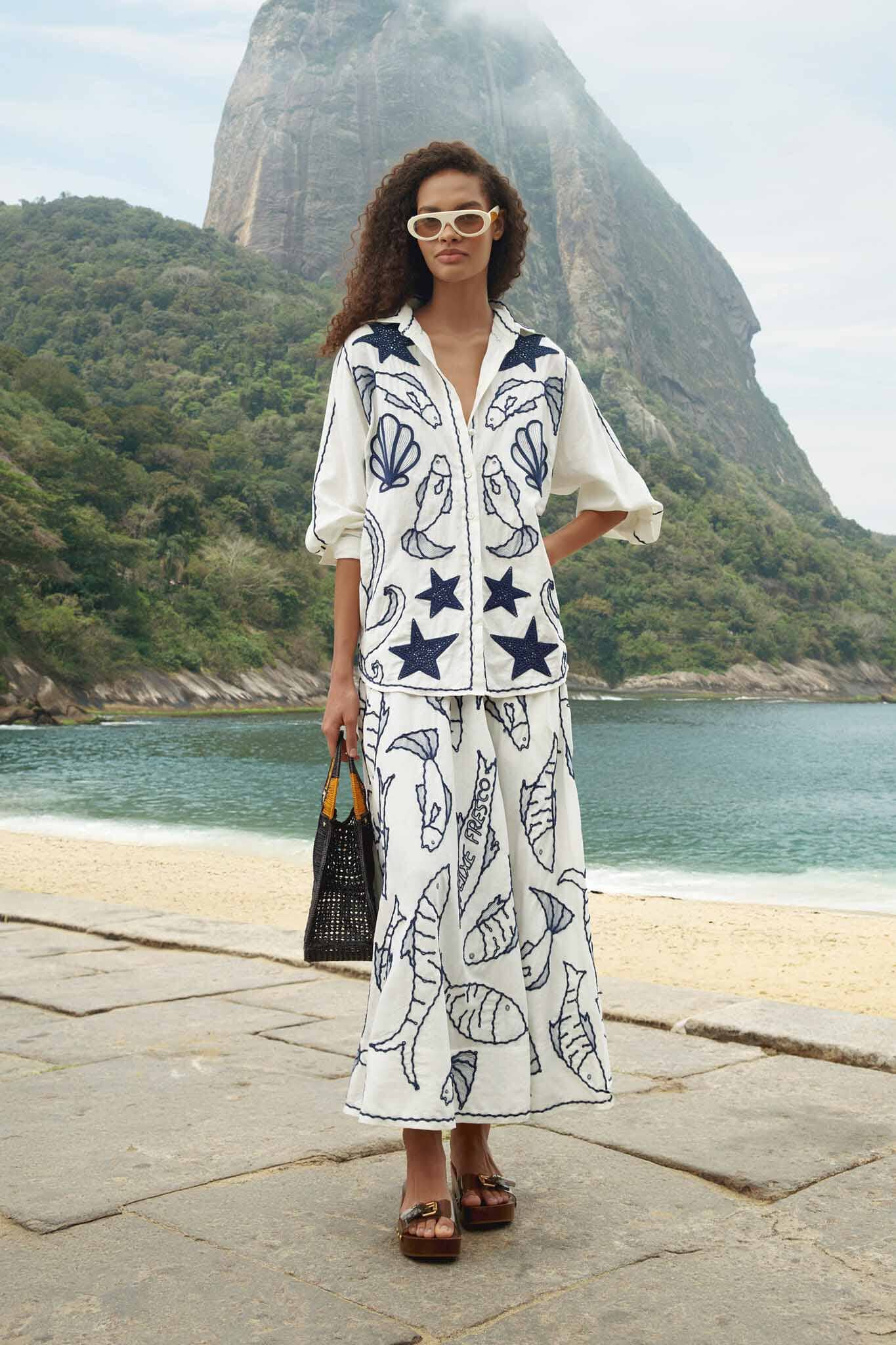 Off-White Fresh Fish Embroidered Midi Skirt - FARM Rio OFF-WHITE