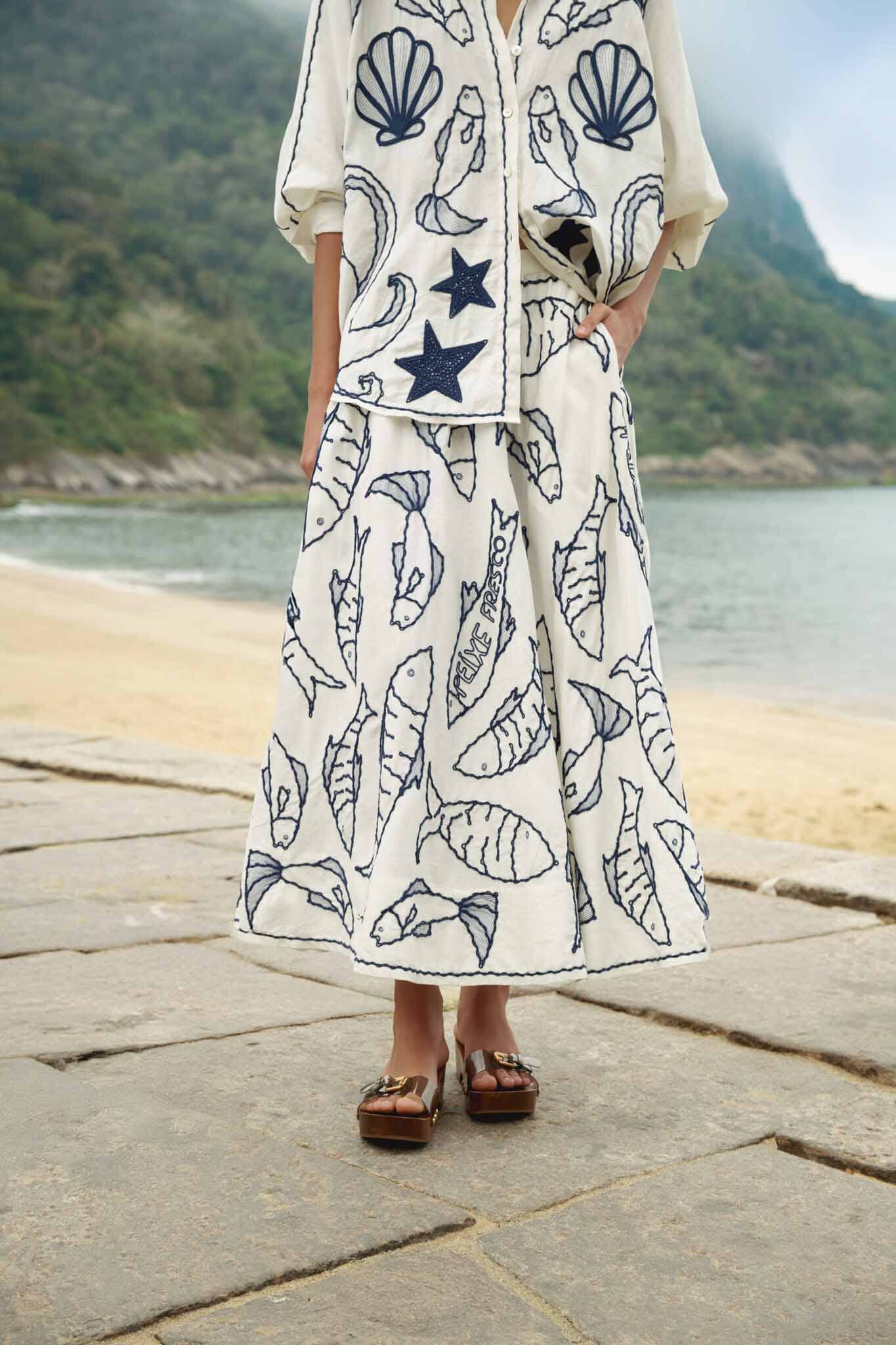 Off-White Fresh Fish Embroidered Midi Skirt - FARM Rio OFF-WHITE