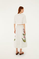 Off-White Flower Embroidered Euroflax Premium Linen Midi Skirt - FARM Rio OFF-WHITE