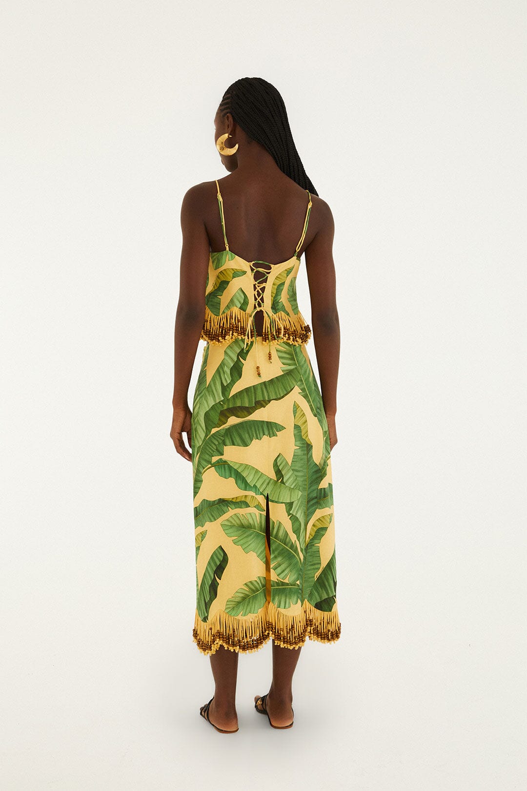 Yellow Fruit Leaves Banana Beaded Fringes Maxi Skirt - FARM Rio FRUIT LEAVES BANANA YELLOW