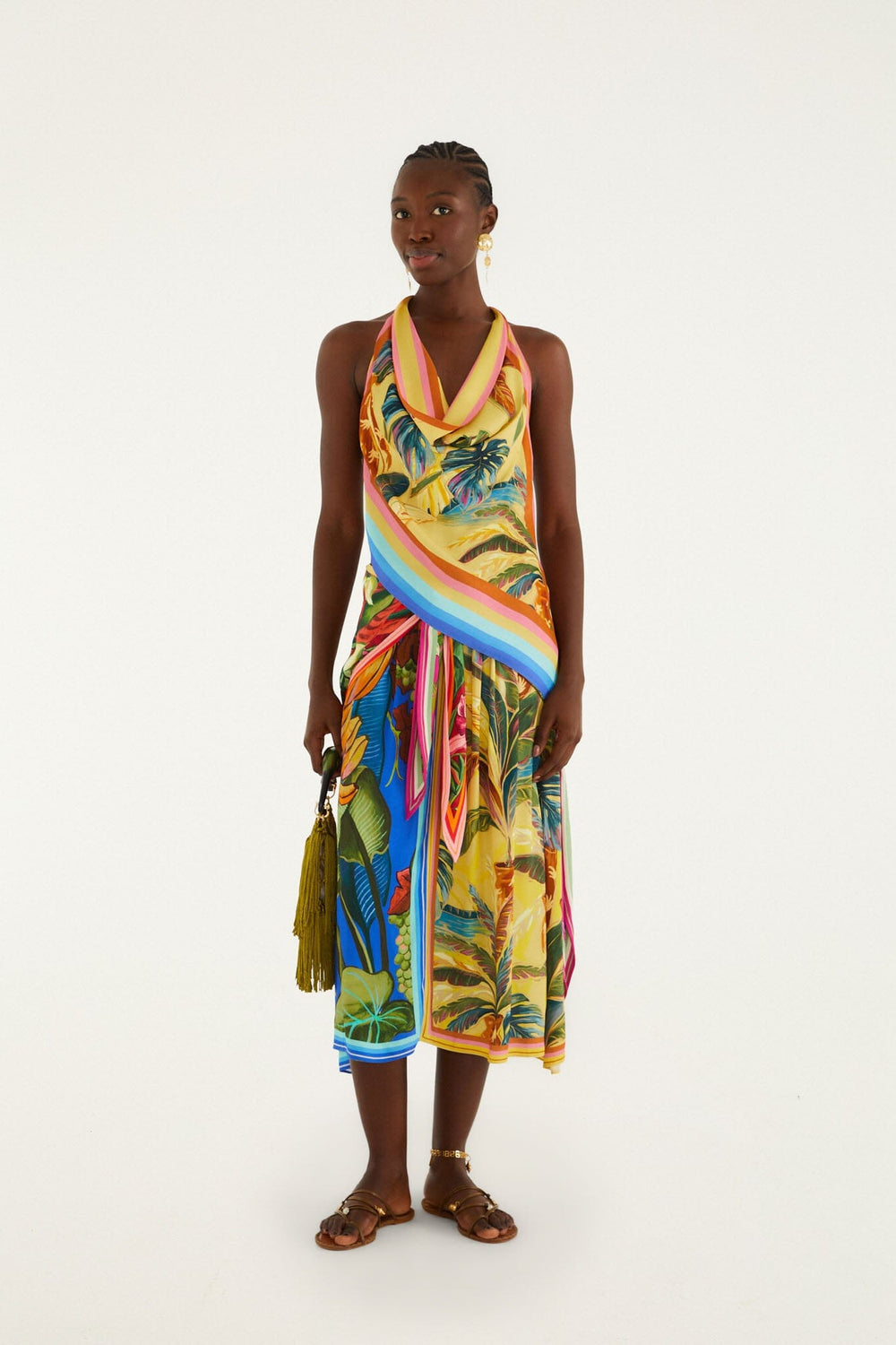 Multicolor Rainbow Summer Mixed Scarves Lenzing Ecovero Viscose Midi Skirt - FARM Rio RAINBOW SUMMER MIXED