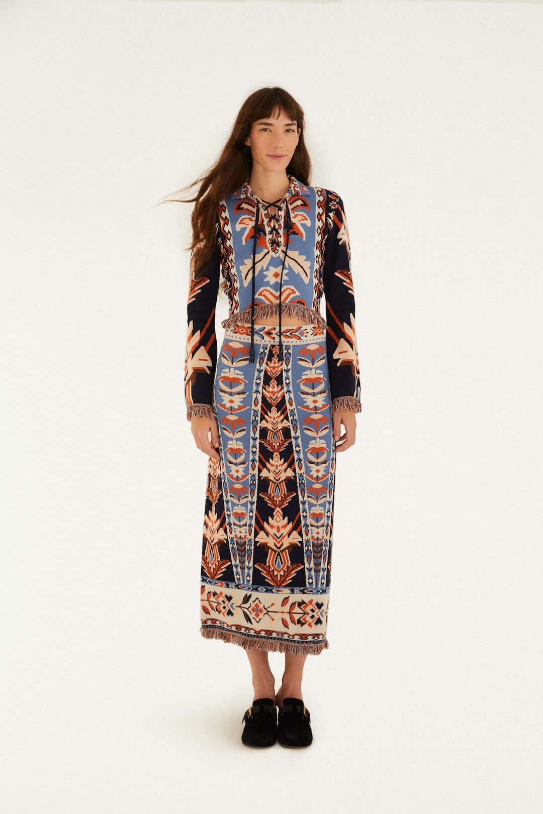 Multicolor Tapestry Fringes Knit Skirt - FARM Rio EMBROIDERED TAPESTRY BLUE