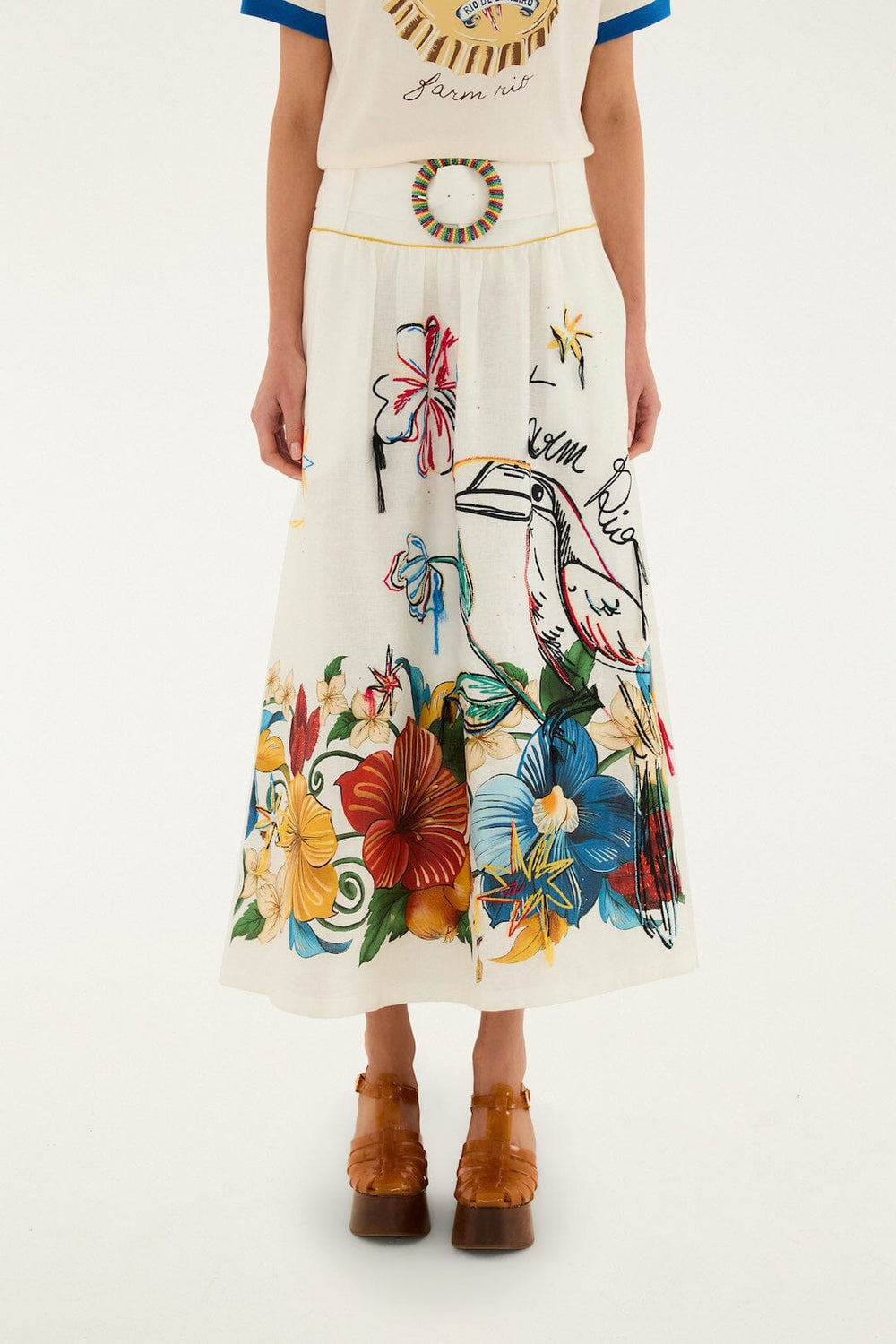 Off-White Tropi Embroidered Euroflax Premium Linen Maxi Skirt - FARM Rio TROPI OFF-WHITE