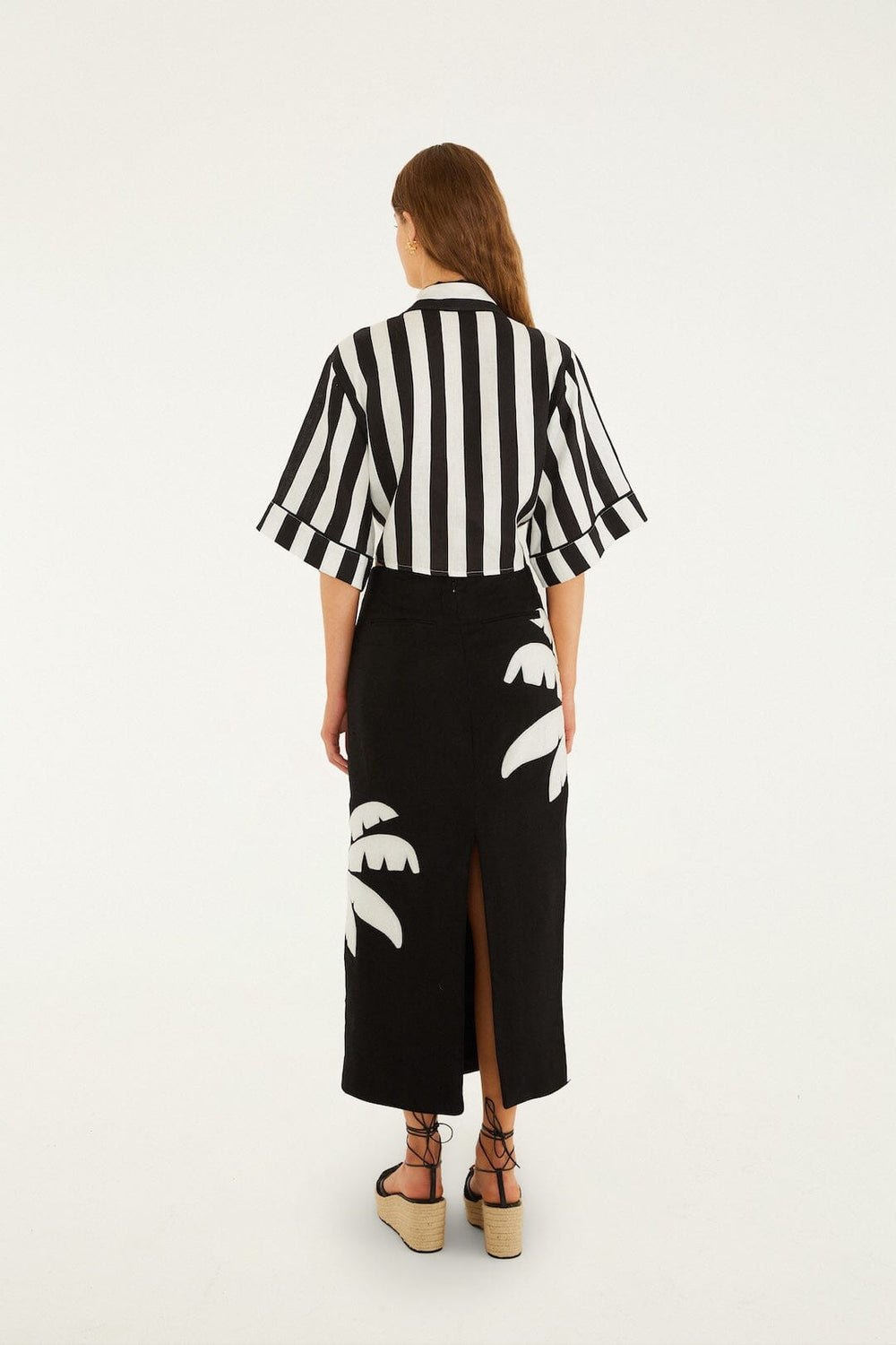Black Embroidered Palm Tree Euroflax Premium Linen Maxi Skirt - FARM Rio BLACK