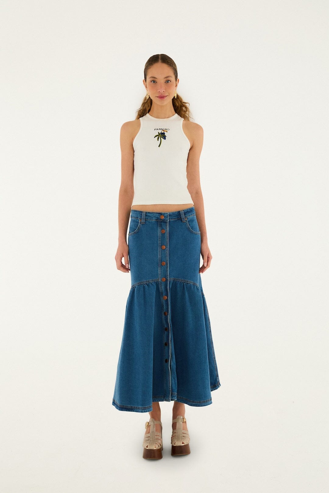 Panelled Denim Long Skirt - FARM Rio DENIM