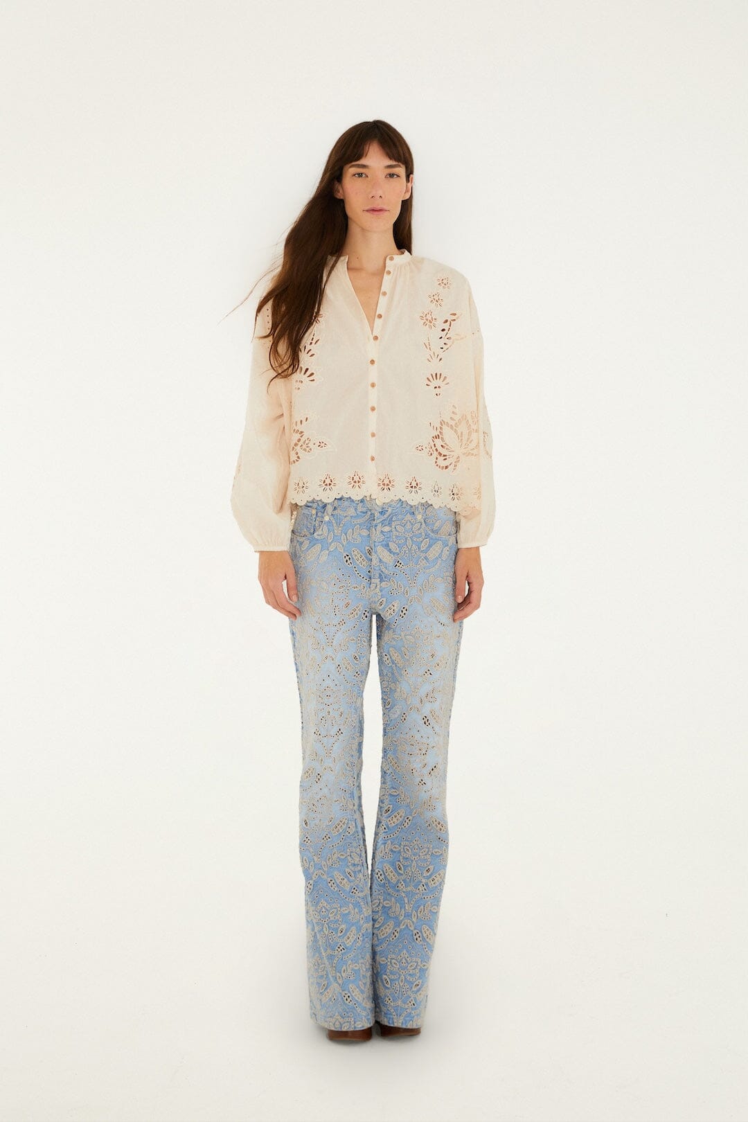 Denim Eyelet Pockets Flare Pants - FARM Rio DENIM