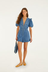 Denim Ruffled Puff Sleeve Romper - FARM Rio DENIM