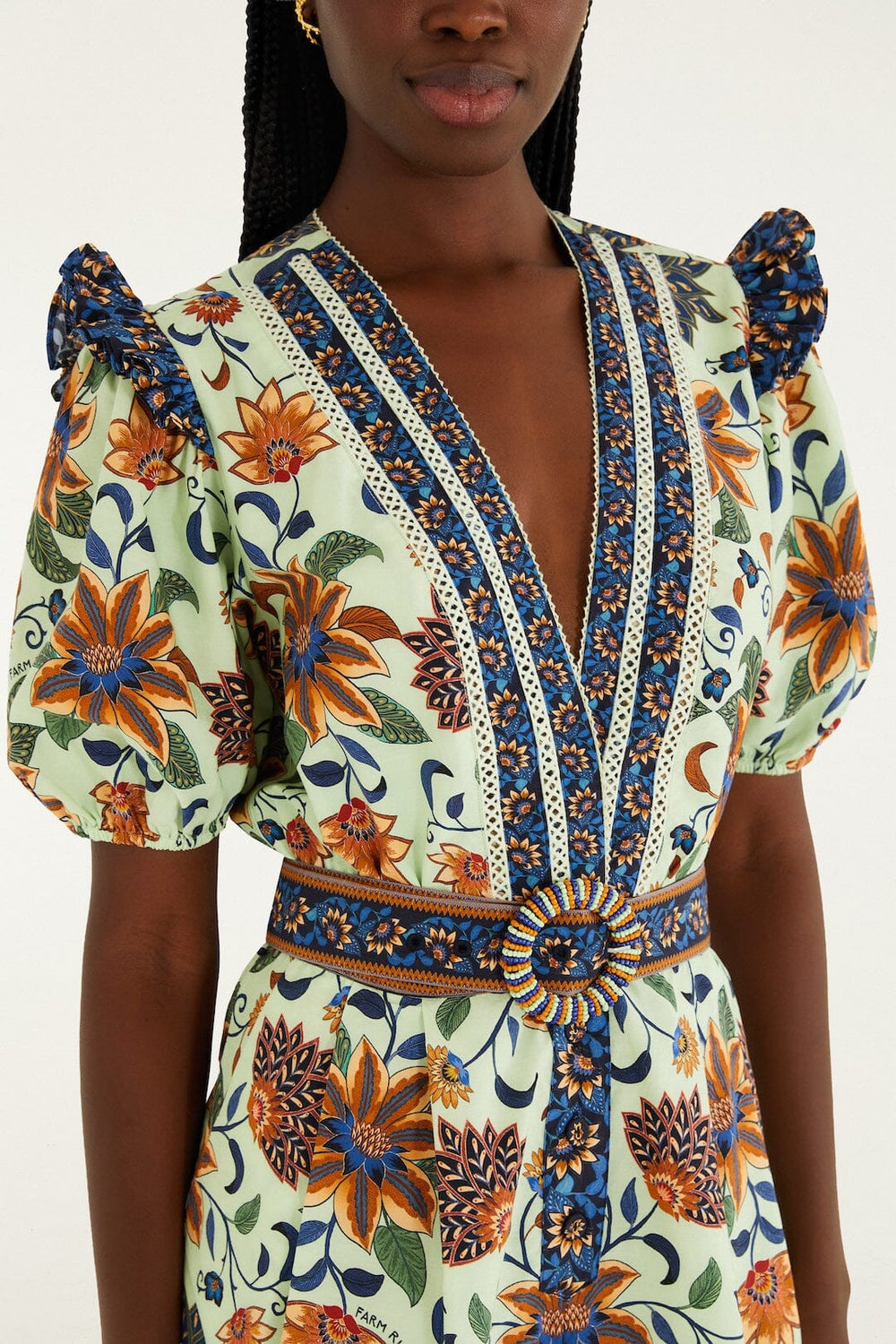 Light Green Floral Delhi Tapestry Belted Organic Cotton Romper - FARM Rio FLORAL DELHI TAPESTRY LIGHT GREEN