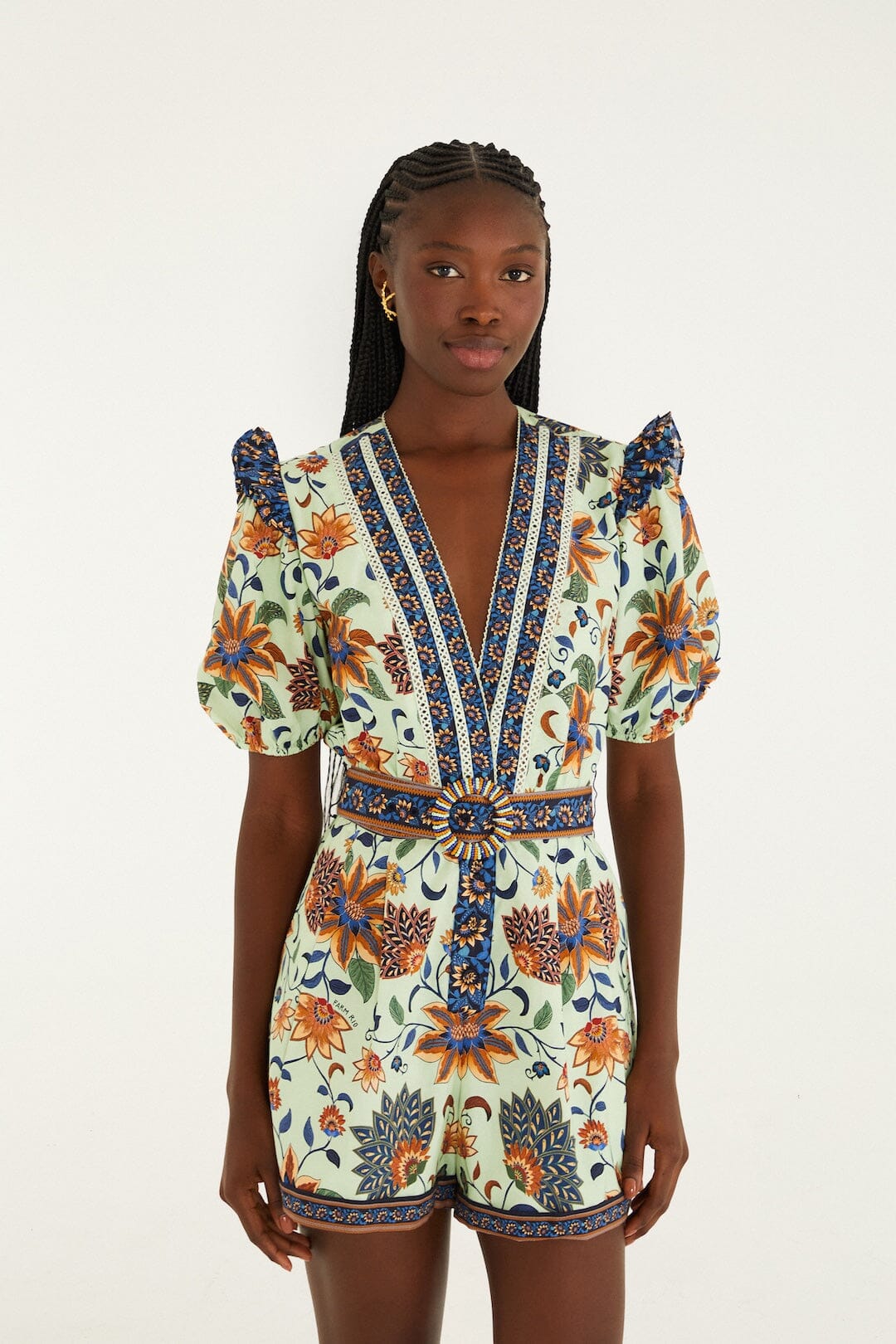 Light Green Floral Delhi Tapestry Belted Organic Cotton Romper - FARM Rio FLORAL DELHI TAPESTRY LIGHT GREEN