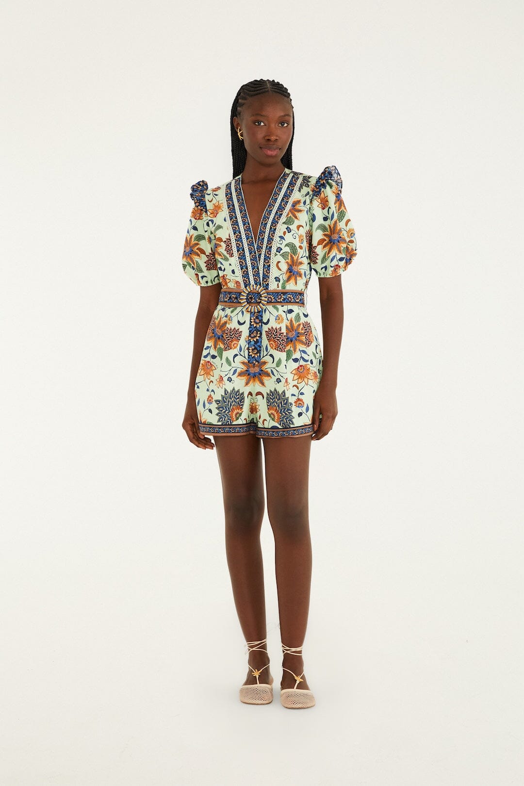 Light Green Floral Delhi Tapestry Belted Organic Cotton Romper - FARM Rio FLORAL DELHI TAPESTRY LIGHT GREEN