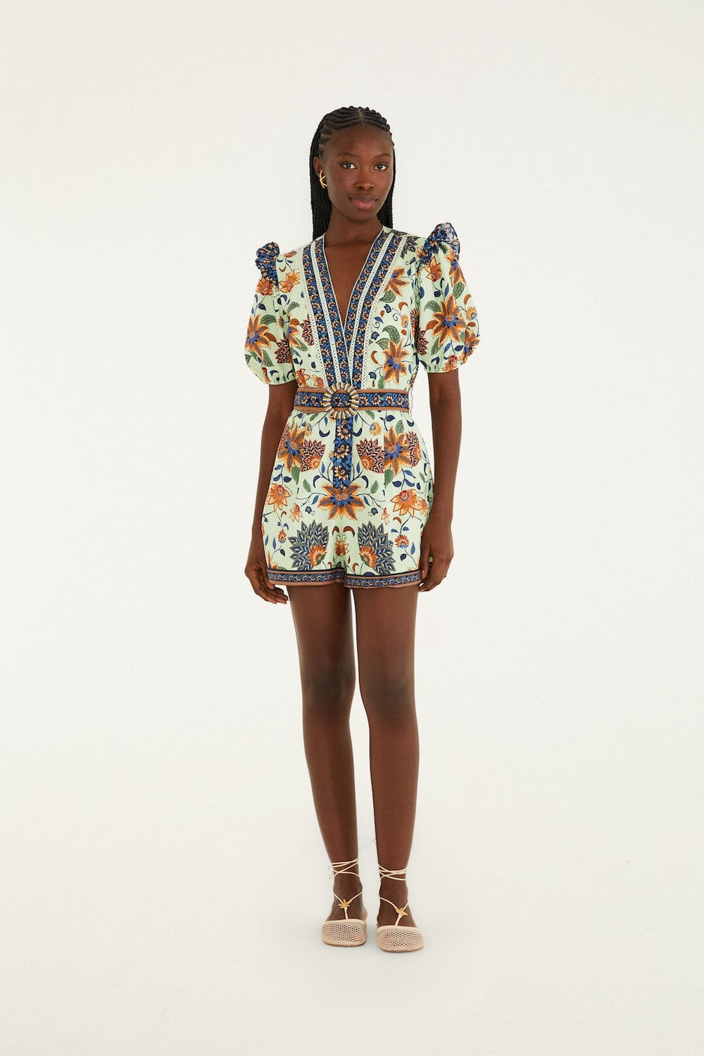 Light Green Floral Delhi Tapestry Belted Organic Cotton Romper - FARM Rio FLORAL DELHI TAPESTRY LIGHT GREEN