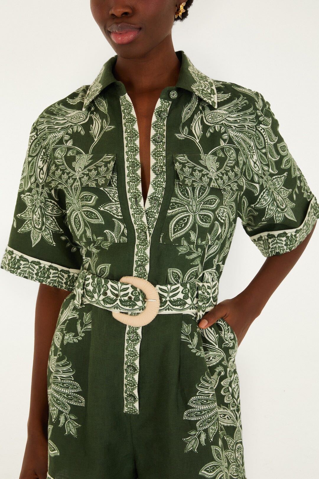 Dark Green Miranda Belted Romper - FARM Rio MIRANDA DARK GREEN