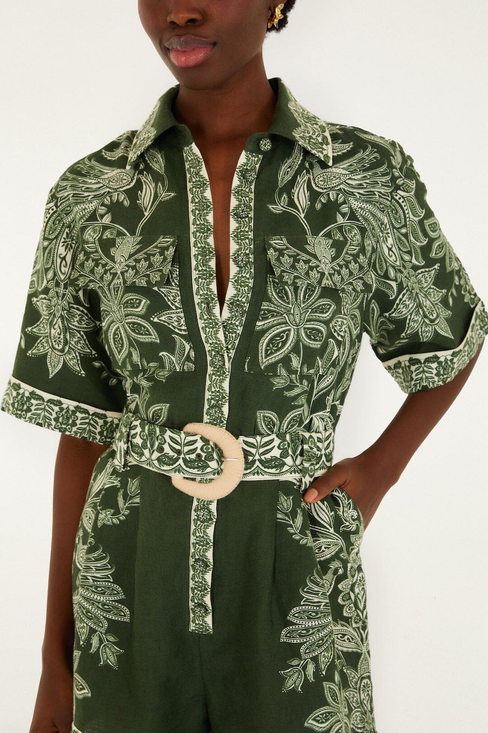 Dark Green Miranda Belted Romper - FARM Rio MIRANDA DARK GREEN
