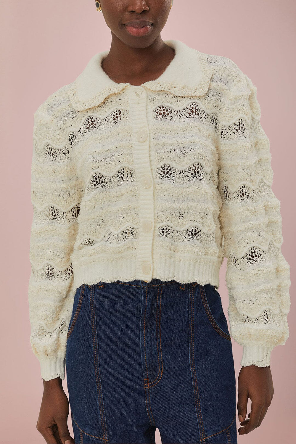 Mixed Stitches Off-White Knit Cardigan - FARM Rio OFF-WHITE