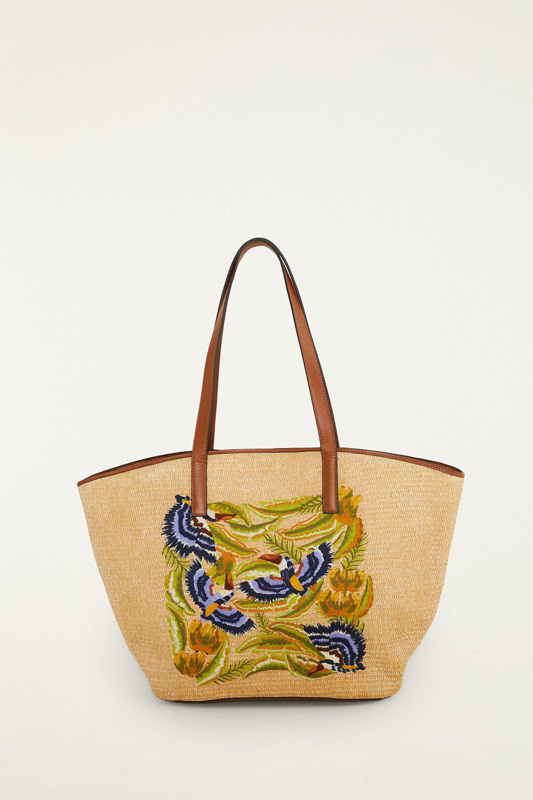 Raffia Basket Tote Bag Large - FARM Rio SUNNY PARADISE EMBROIDERY