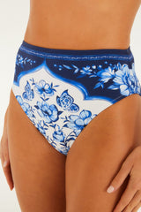 Blue Porcelain Garden High Waist Full Bikini Bottom - FARM Rio PORCELAIN GARDEN BLUE