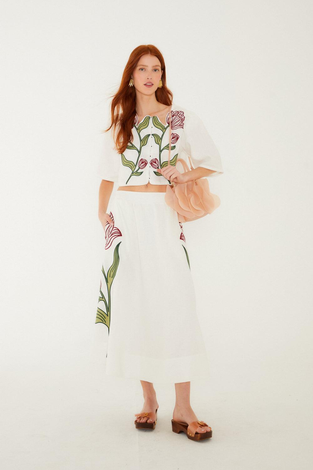 Off-White Flower Embroidered Euroflax Premium Linen Crop Top - FARM Rio OFF-WHITE