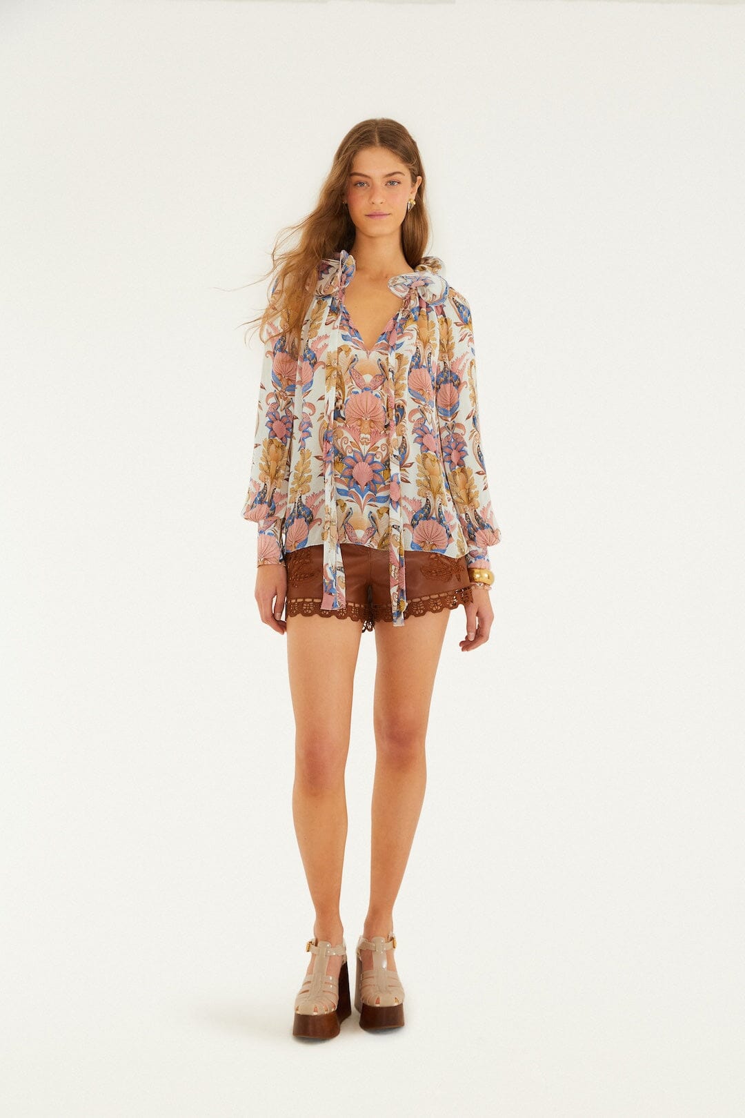 Off-White Sea Garden Ruffled Long Sleeve Blouse - FARM Rio SEA GARDEN OFF-WHITE