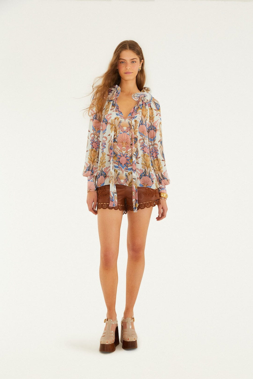 Off-White Sea Garden Ruffled Long Sleeve Blouse - FARM Rio SEA GARDEN OFF-WHITE