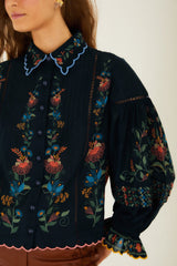 Navy Blue Stitched Garden Wavy Hem Blouse - FARM Rio STITCHED GARDEN NAVY BLUE