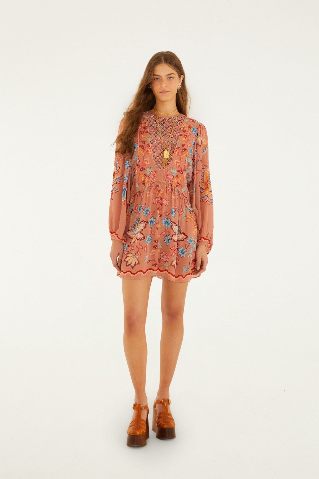 Mocha Boho Enhance Lace Long Sleeve Mini Dress - FARM Rio BOHO ENCHANCE MOCHA