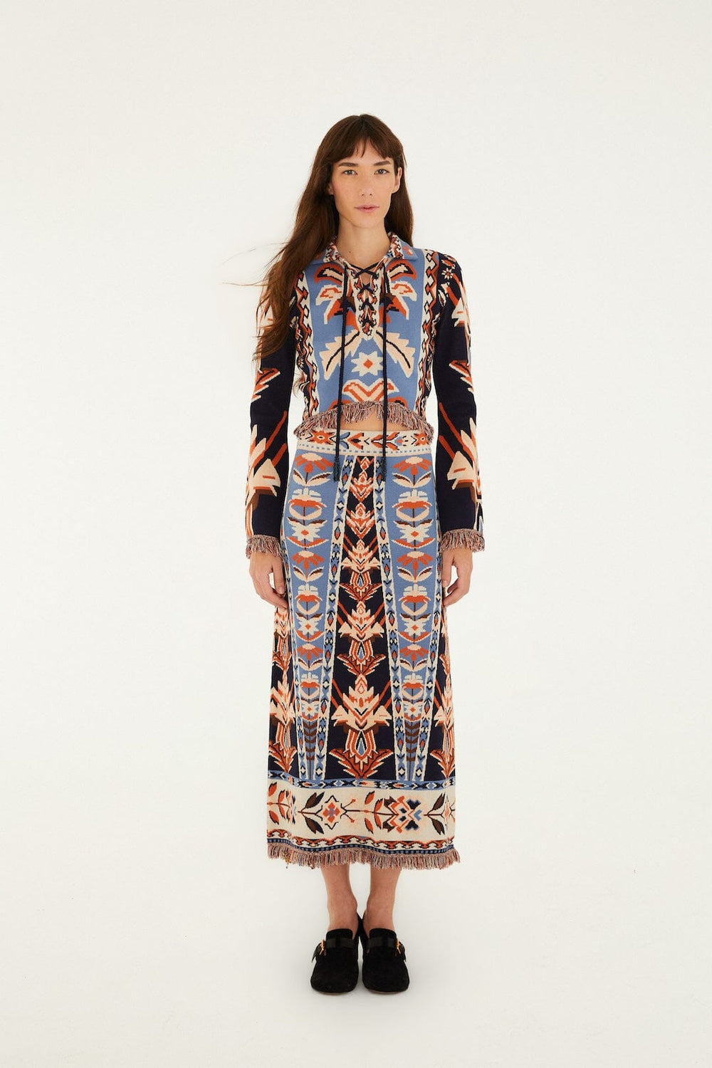 Multicolor Tapestry Fringes Knit Top - FARM Rio EMBROIDERY TAPESTRY BLUE