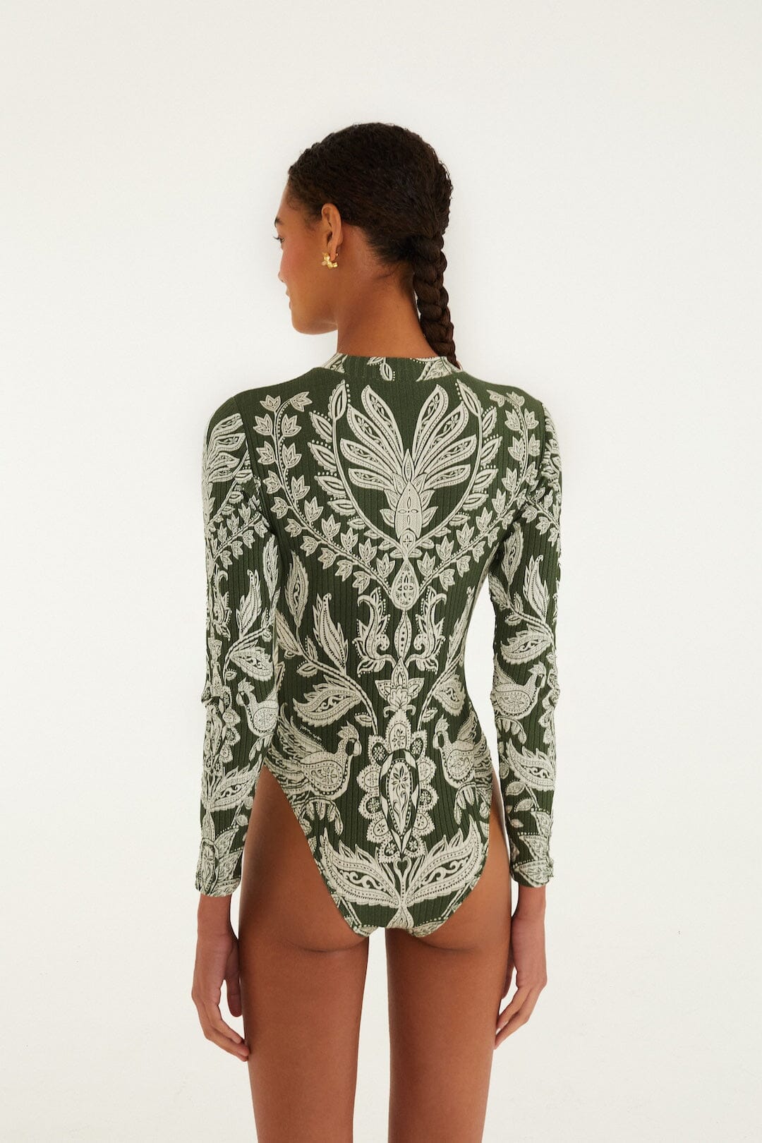 Dark Green Miranda Long Sleeve Bodysuit - FARM Rio MIRANDA DARK GREEN