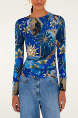 Blue Mystical Long Sleeve Jersey Blouse - FARM Rio MYSTICAL BLUE