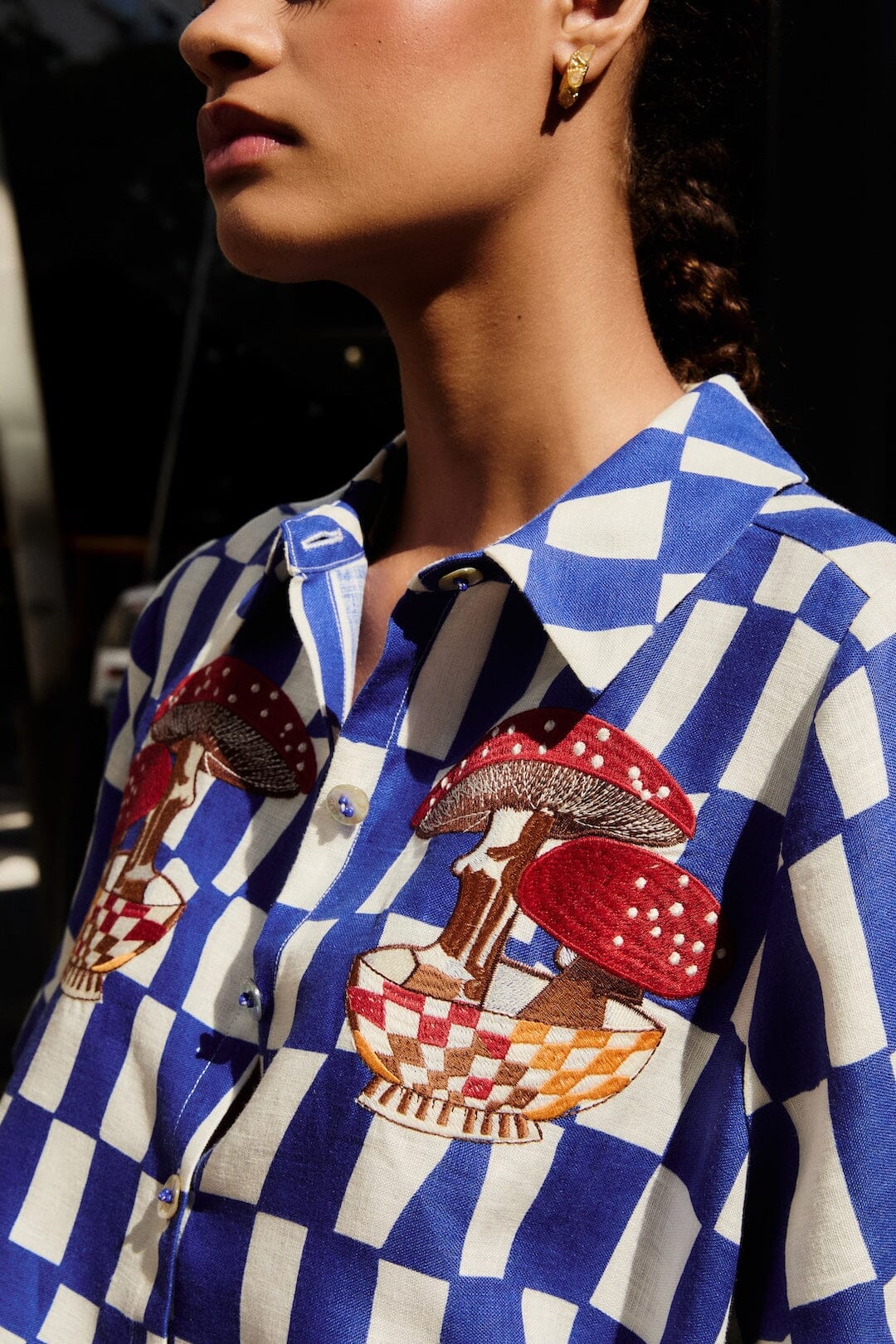 Blue Dream Checkered Short Sleeve Lenzing Ecovero Euroflax Shirt - FARM Rio DREAM CHECKERED BLUE